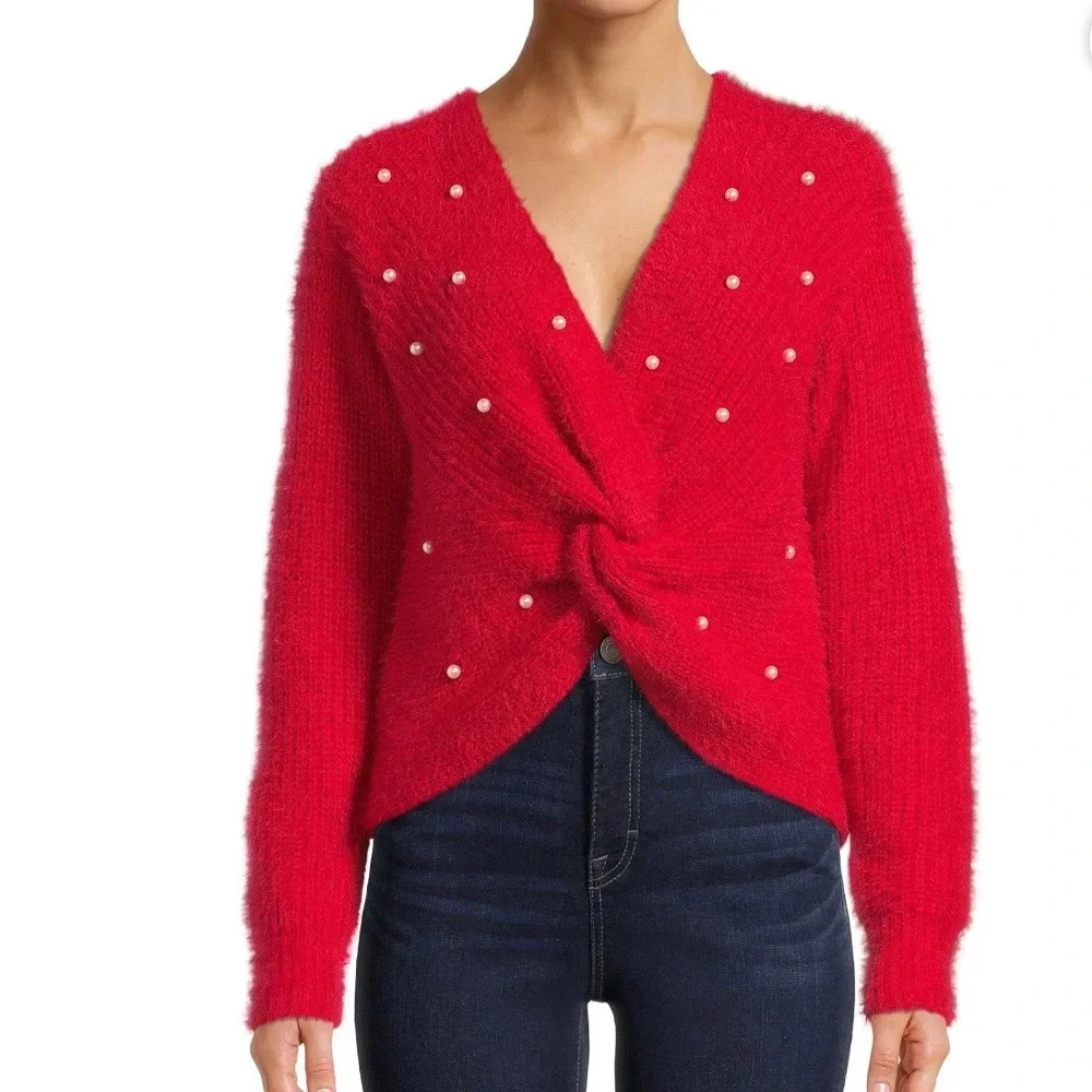 Red Twist Front Pearl Embellished Valentine Sweater size Medium - Picture 2 of 11